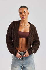 Cable Knit Embroidered Cardigan - Chocolate