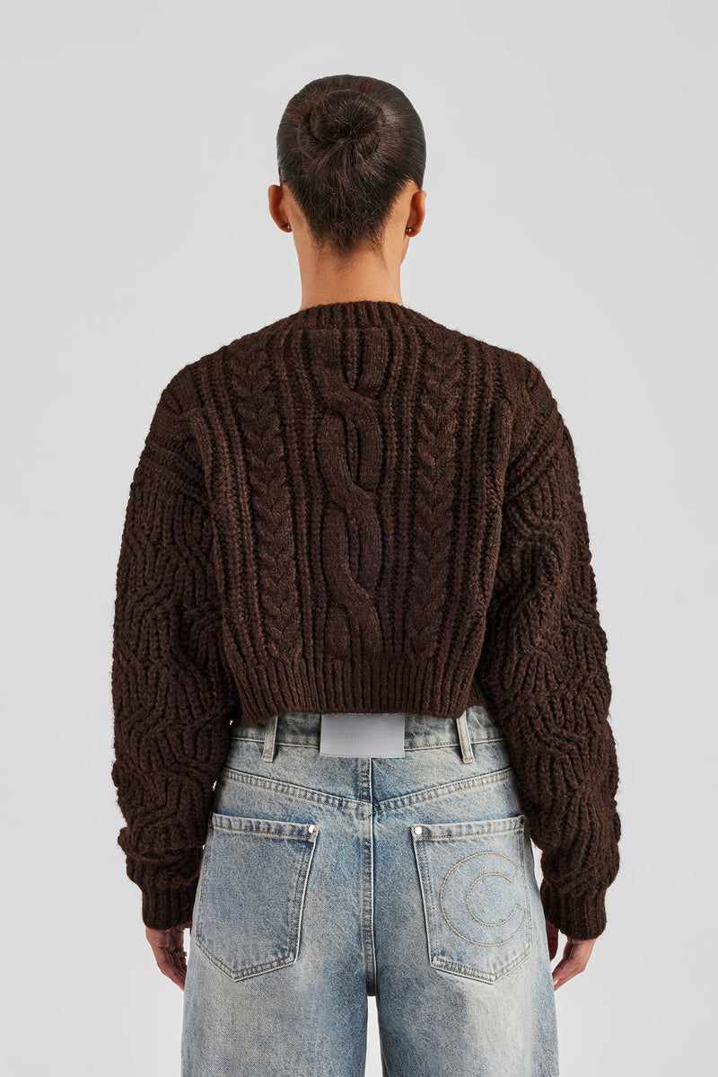 Cable Knit Embroidered Cardigan - Chocolate