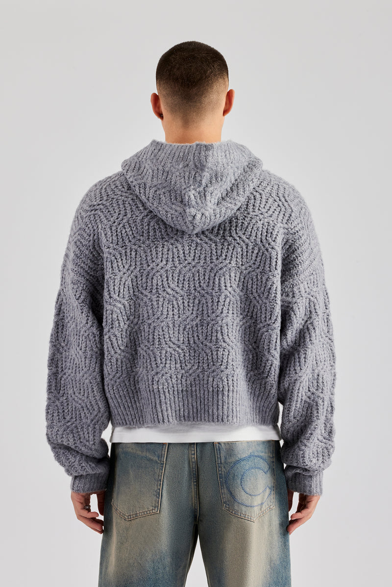 Boxy Cable Knit Embroidered Hoodie - Grey