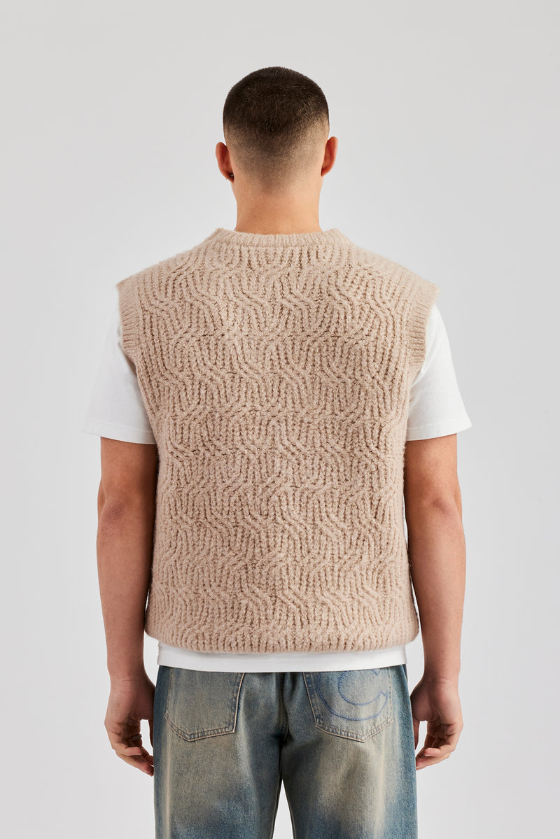 Mens Cable Knit Vest - Stone