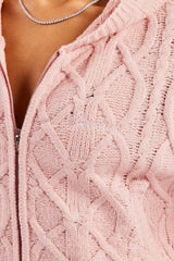 Cable Knit Zip Through Knit Hoodie - Baby Pink