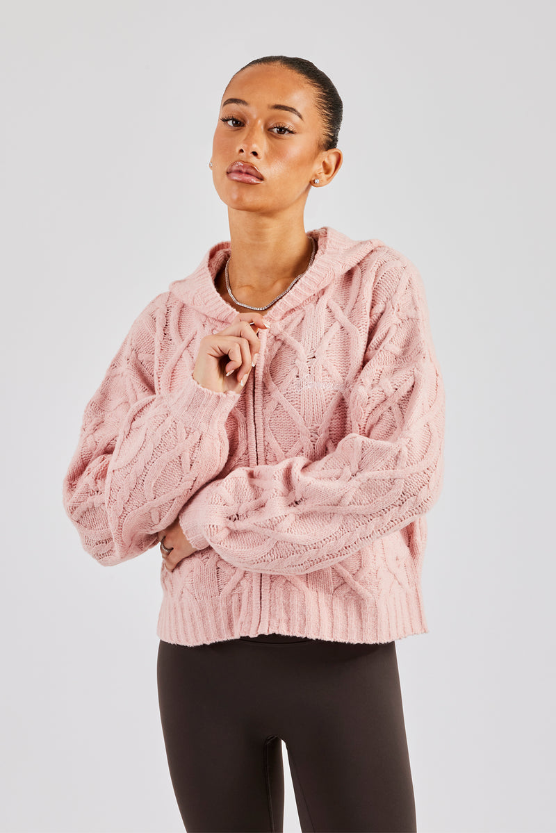 Cable Knit Zip Through Knit Hoodie - Baby Pink