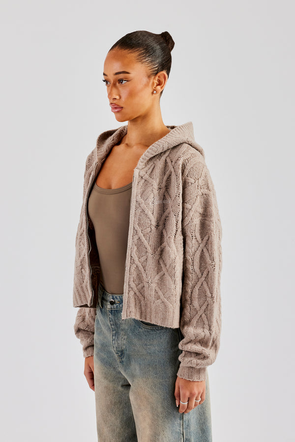 Cable Knit Zip Through Knit Hoodie - Stone