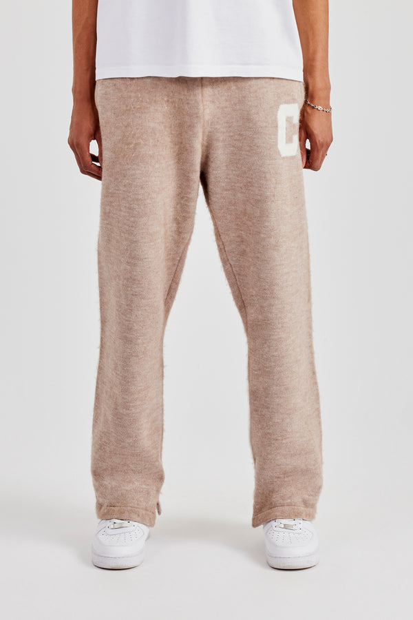 Brushed Knit Split Hem Knitted Jogger - Stone