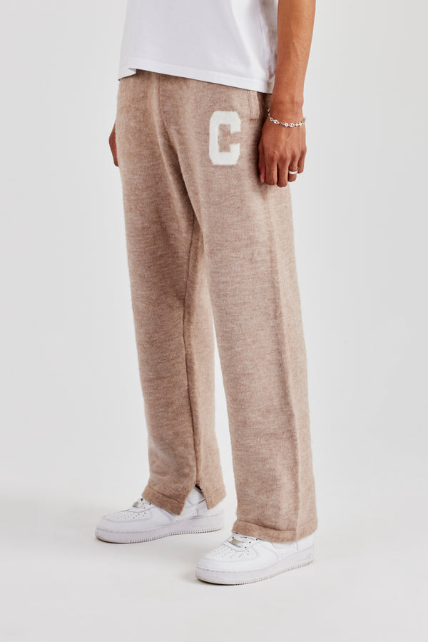 Brushed Knit Split Hem Knitted Jogger - Stone