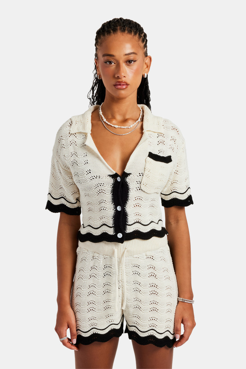 Contrast Crochet Knitted Shirt  & Short Set - Off White