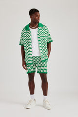 Crochet Knitted Embroidered Shirt & Short Set - Green