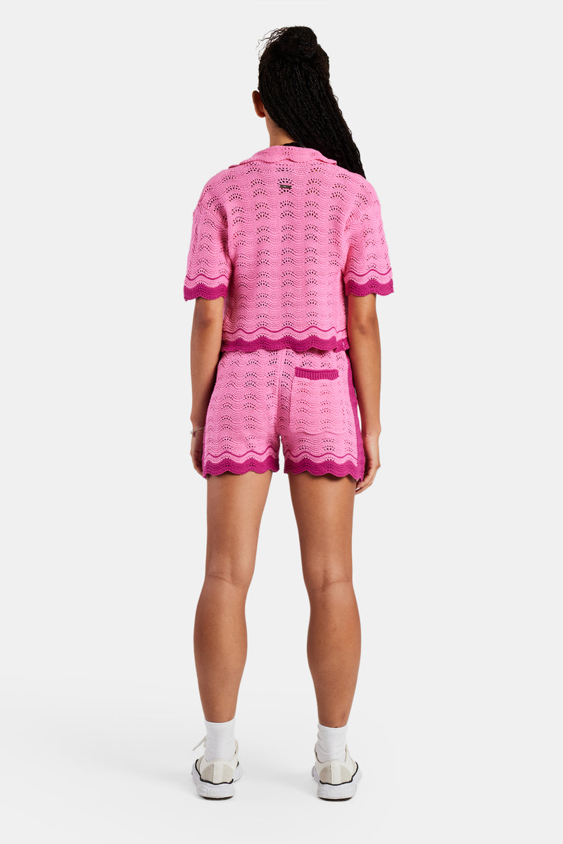 Contrast Crochet Knitted Shirt & Short Set - Pink