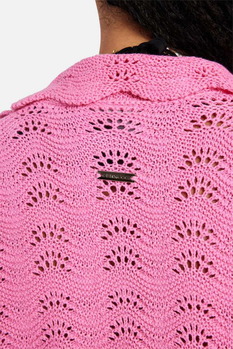 Contrast Crochet Knitted Shirt - Pink