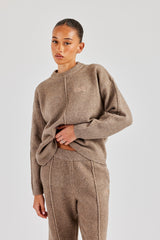 Seam Detail Knitted Sweatshirt & Wide Leg Jogger - Brown