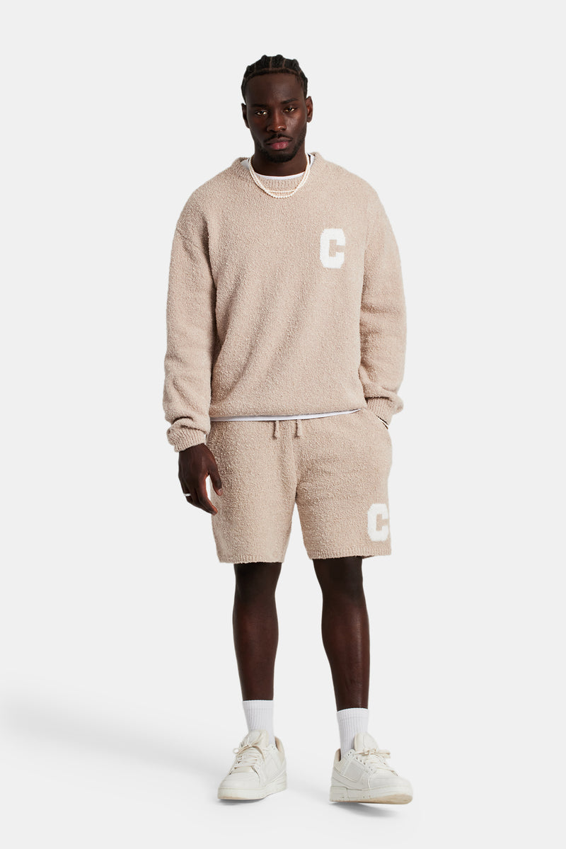 Textured Knitted Sweatshirt Short Tracksuit - Beige