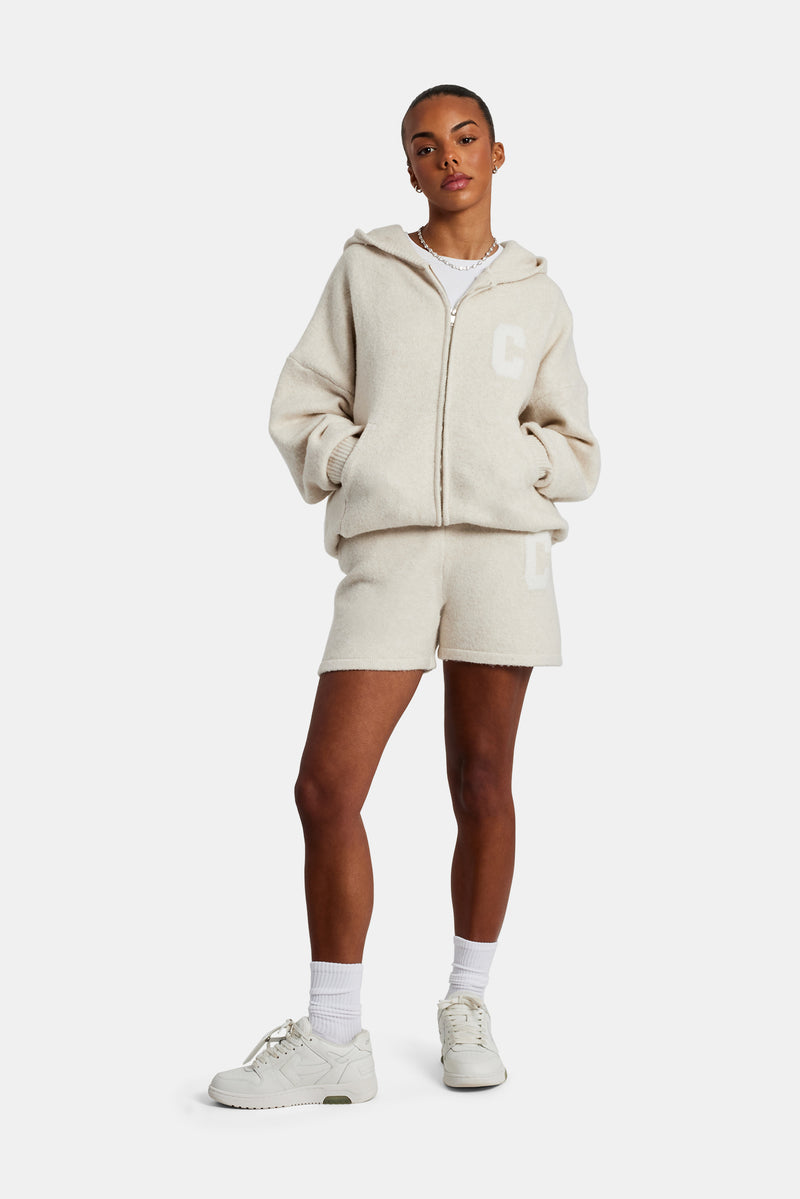 Hooded Zip Through Knitted Jumper - Oatmeal