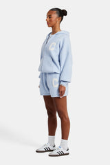 Hooded Zip Through Knitted Short Tracksuit - Light Blue