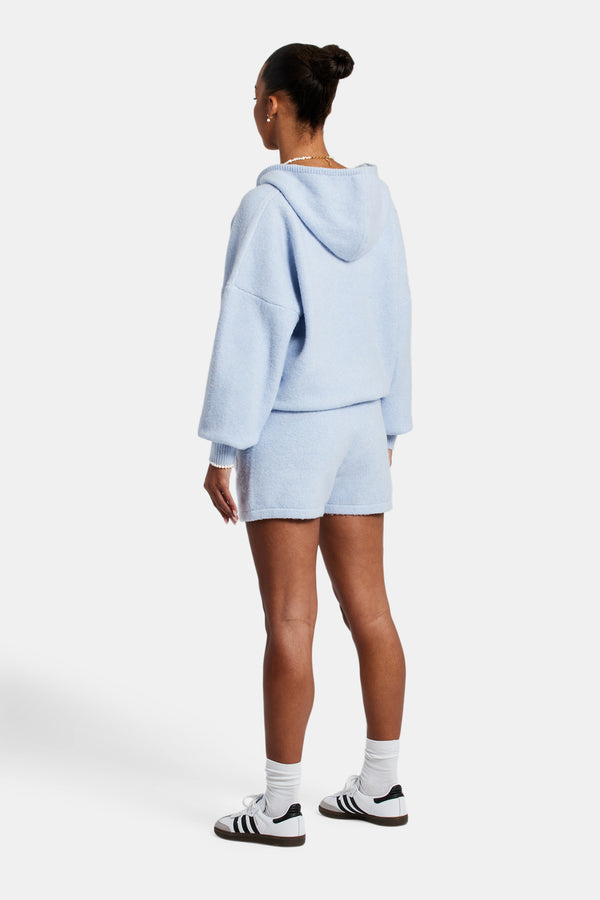 Hooded Zip Through Knitted Short Tracksuit - Light Blue