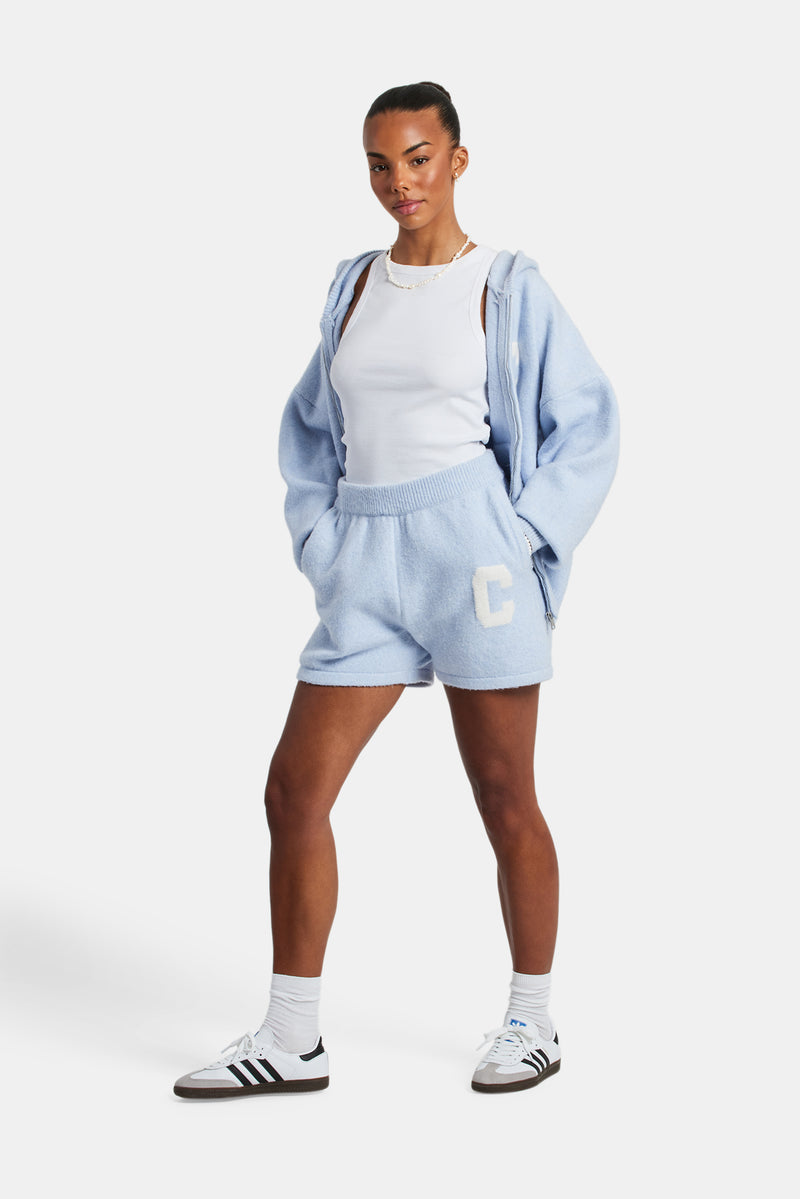 Hooded Zip Through Knitted Short Tracksuit - Light Blue