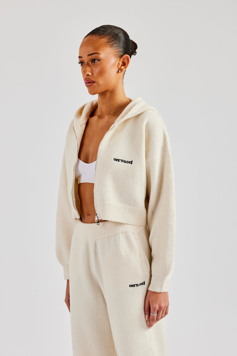 Cropped Knitted Zip Through Hoodie - Ecru