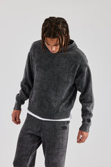 Acid Wash Knitted Hoodie - Charcoal