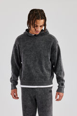 Acid Wash Knitted Hoodie - Charcoal