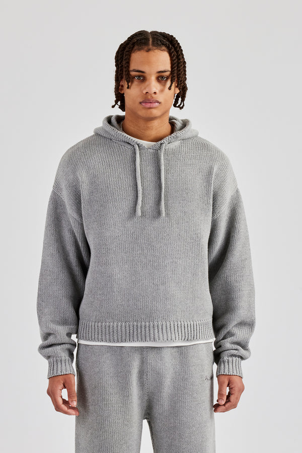 Boxy Knitted Embroidered Hoodie - Grey