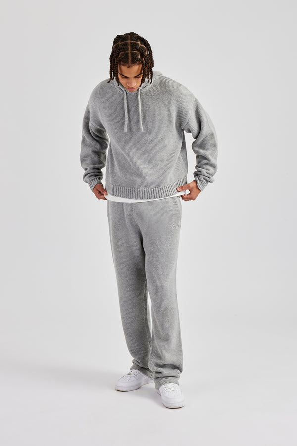 Knitted Embroidered Straight Leg Jogger - Grey