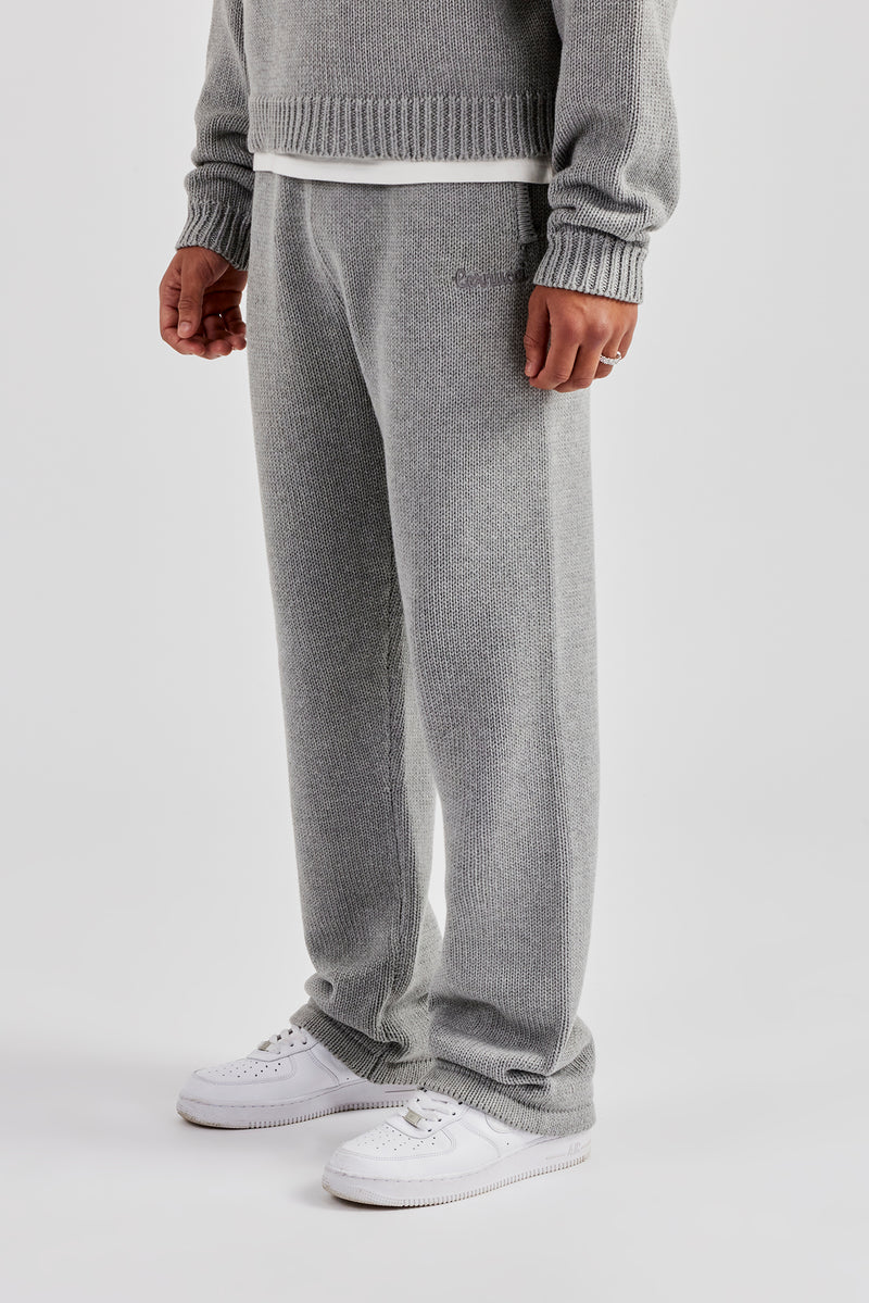 Knitted Embroidered Straight Leg Jogger - Grey