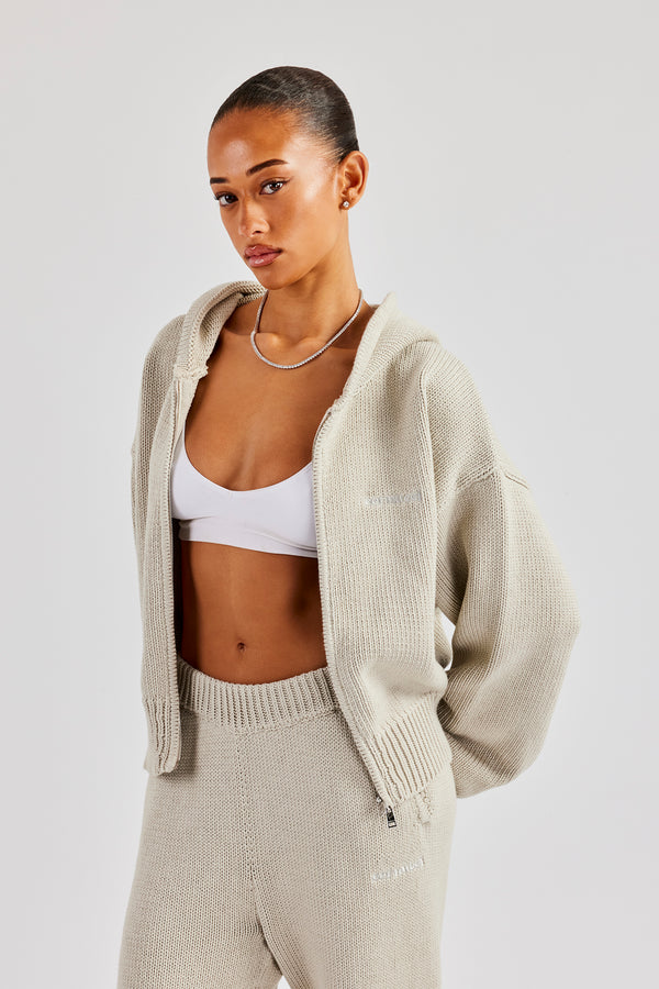 Knitted Embroidered Zip Through Hoodie - Stone