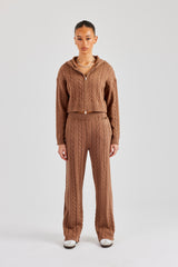 Cable Knit Cropped Knitted Hoodie & Wide Leg Jogger - Tan