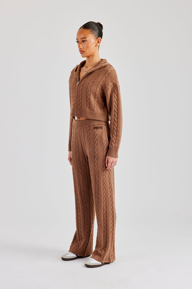 Cable Knit Cropped Knitted Hoodie & Wide Leg Jogger - Tan