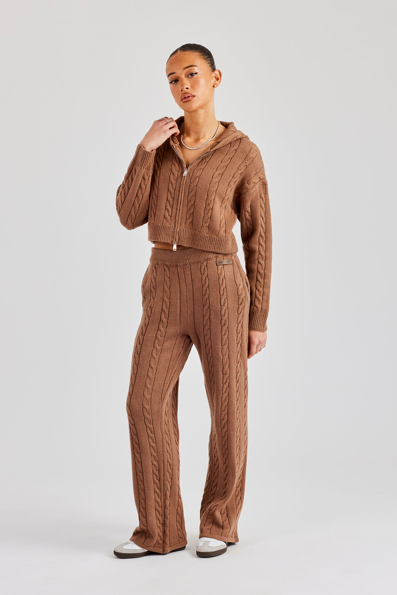 Cable Knit Cropped Knitted Hoodie & Wide Leg Jogger - Tan