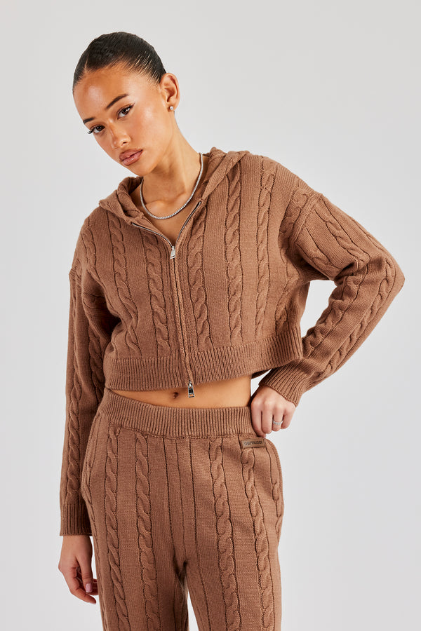 Cable Knit Cropped Knitted Hoodie - Tan