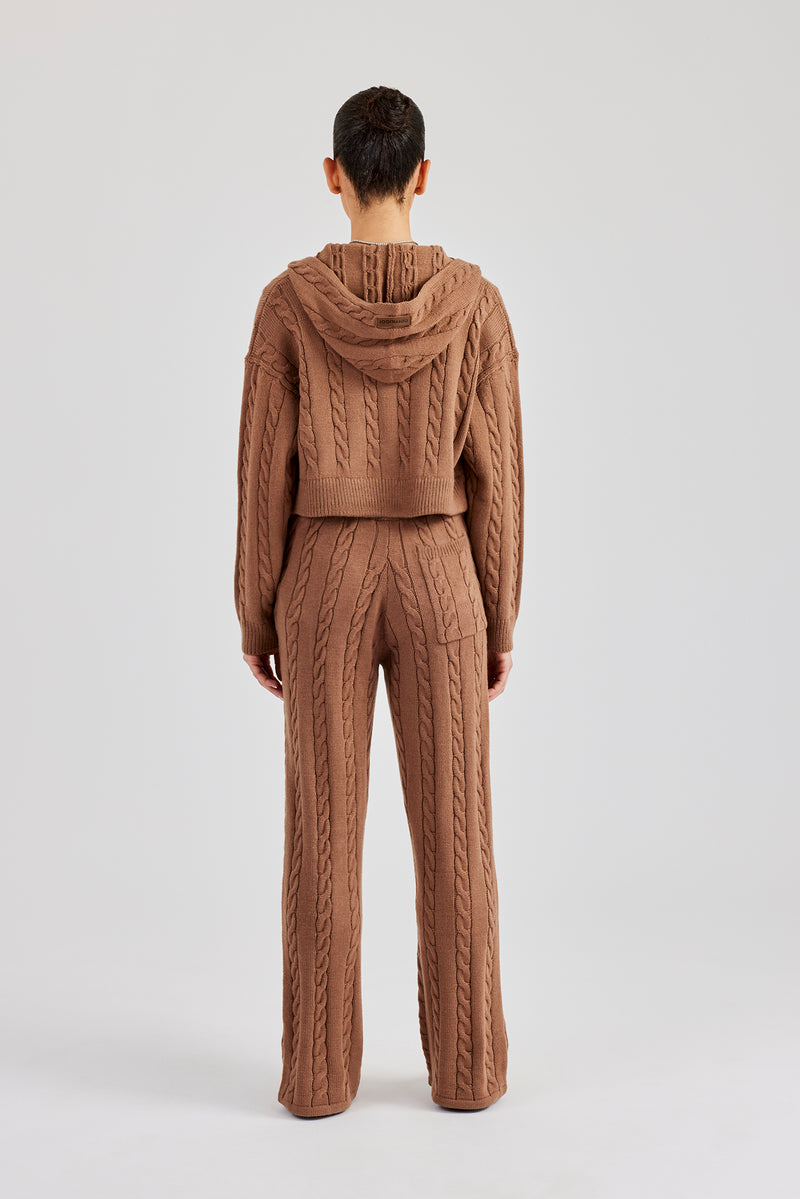 Cable Knit Cropped Knitted Hoodie & Wide Leg Jogger - Tan