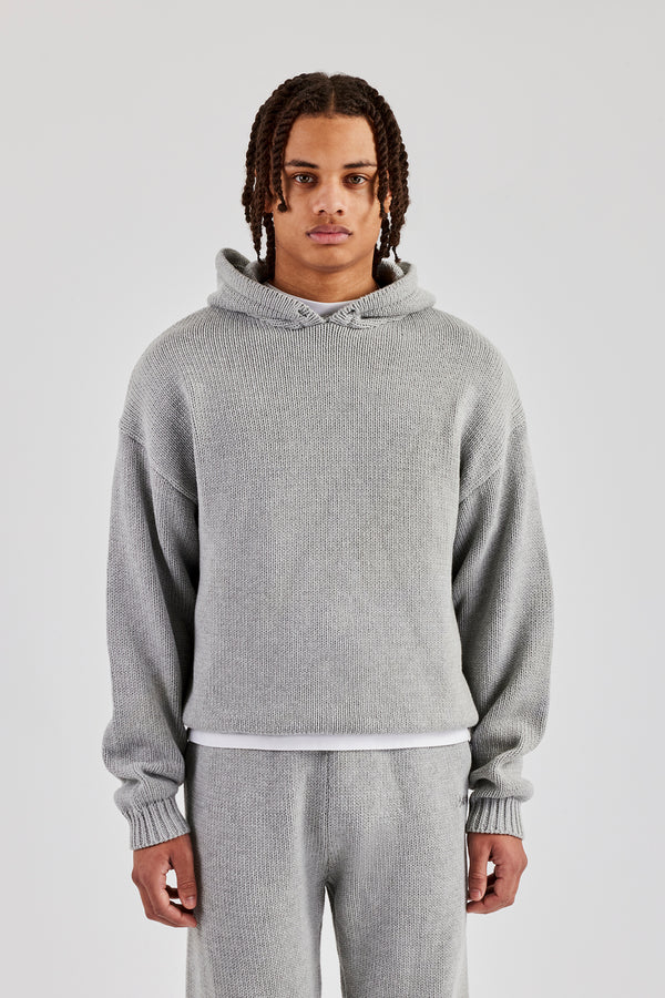 Boxy Knitted Embroidered Hoodie - Grey