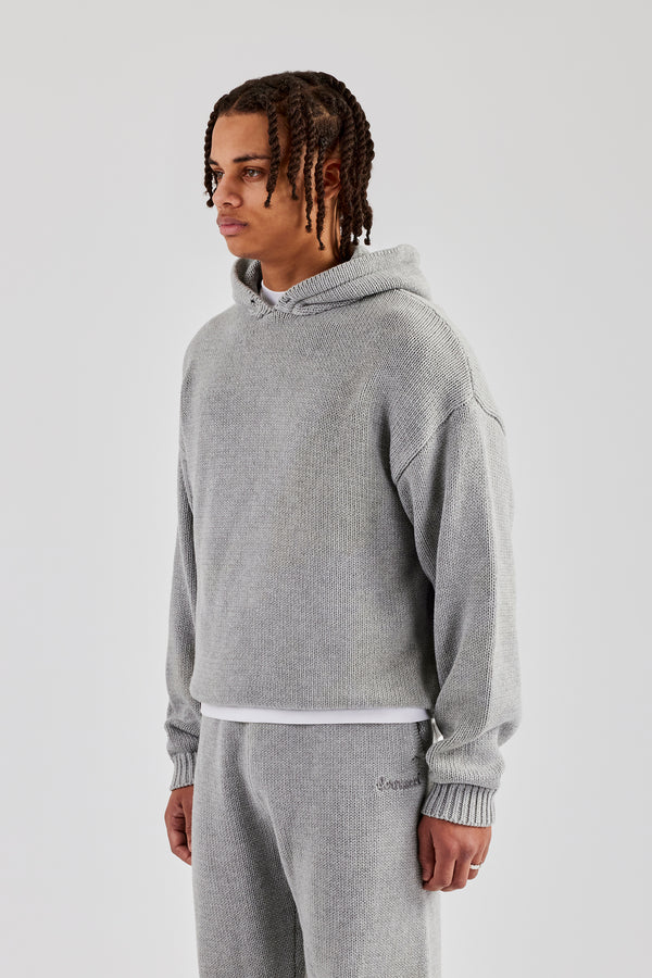 Boxy Knitted Embroidered Hoodie & Straight Leg Jogger - Grey