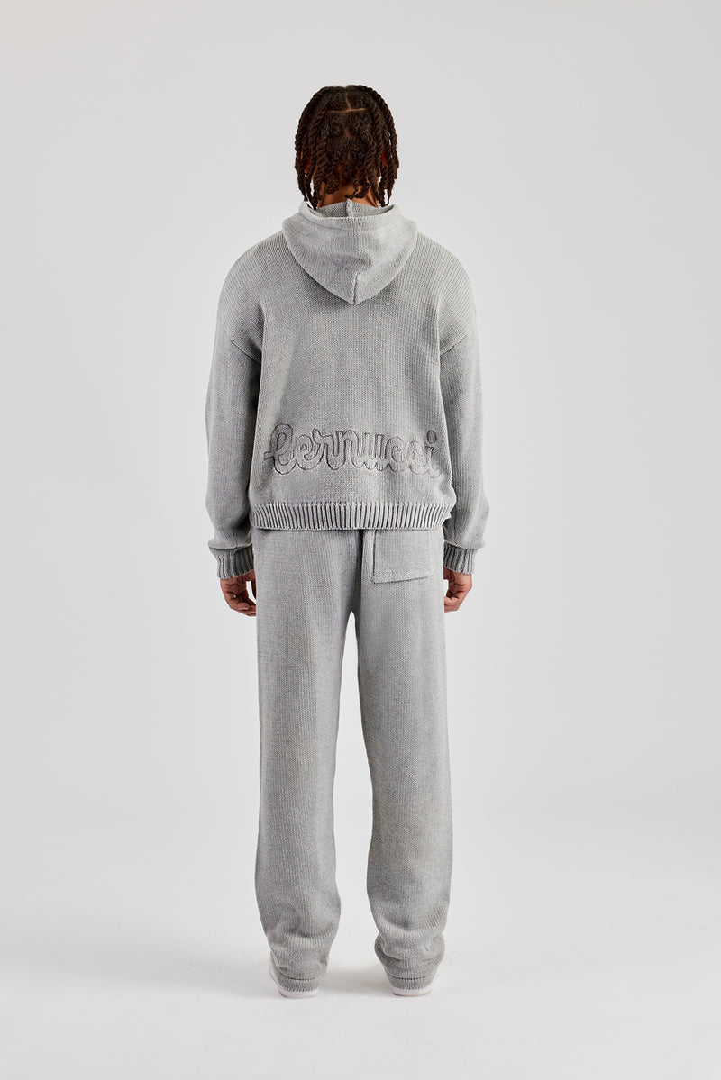 Boxy Knitted Embroidered Hoodie & Straight Leg Jogger - Grey