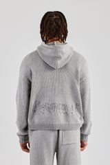 Boxy Knitted Embroidered Hoodie - Grey