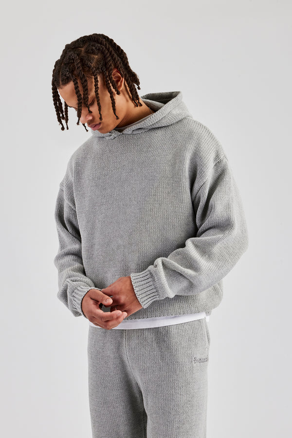 Boxy Knitted Embroidered Hoodie - Grey