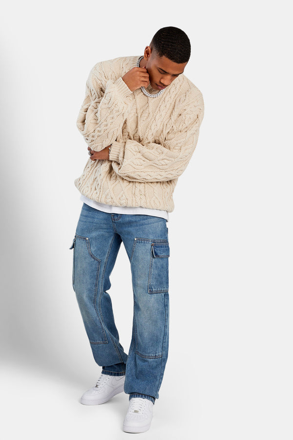 Cable Knit Varsity Sweater - Beige