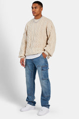 Cable Knit Varsity Sweater - Beige