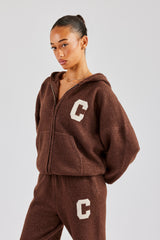 Hooded Zip Through Knitted Jumper - Chocolate