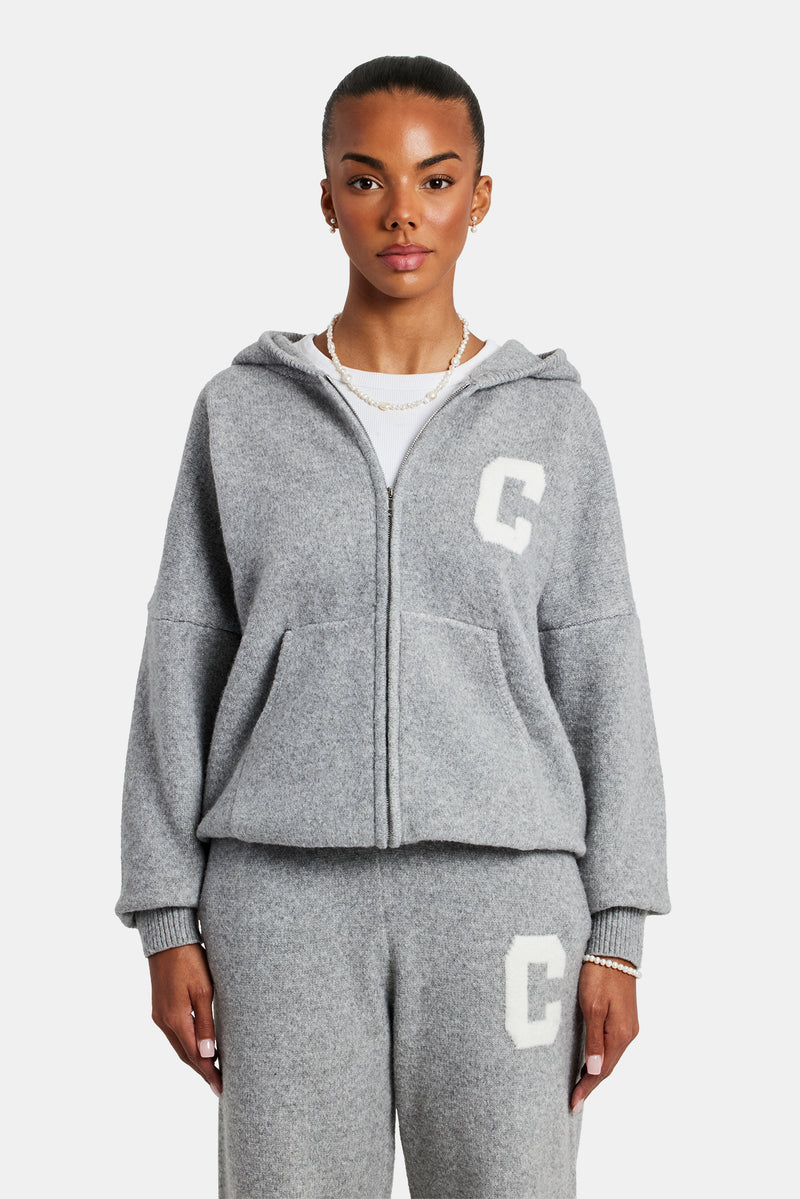 Hooded Zip Through Knitted Tracksuit - Grey