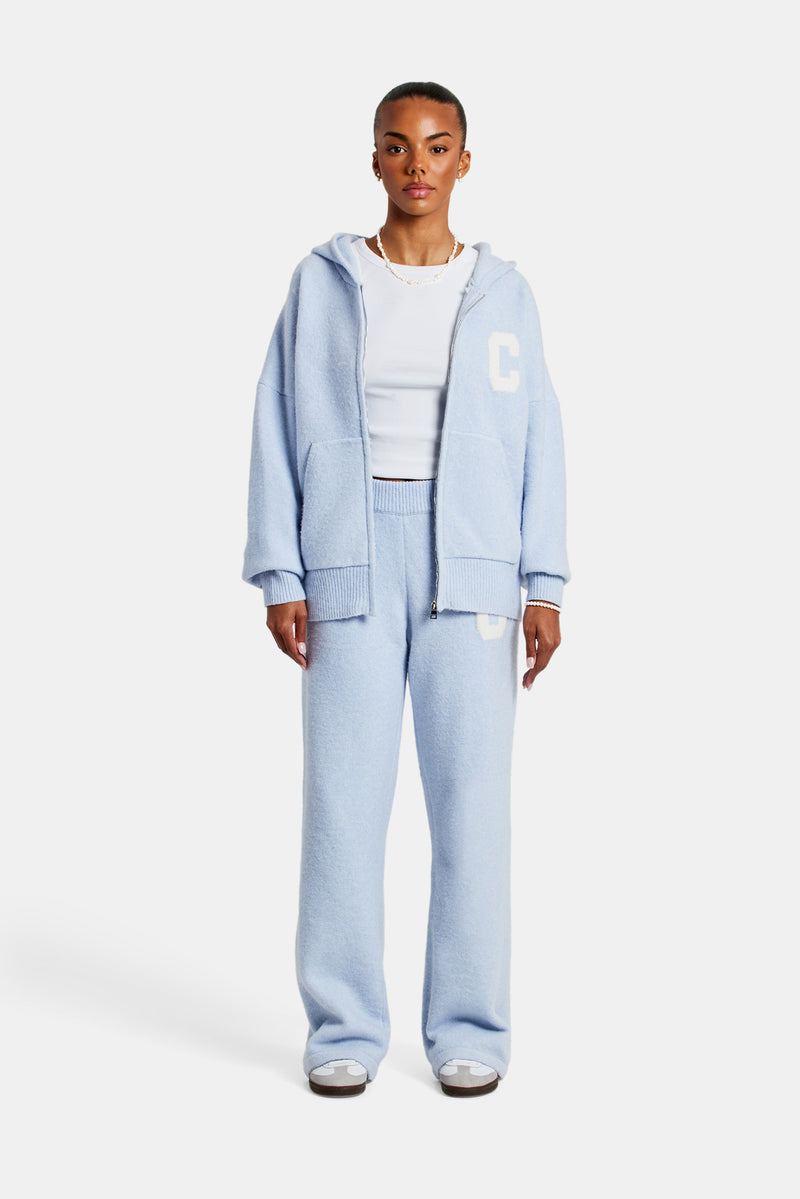 Hooded Zip Through Knitted Tracksuit - Light Blue