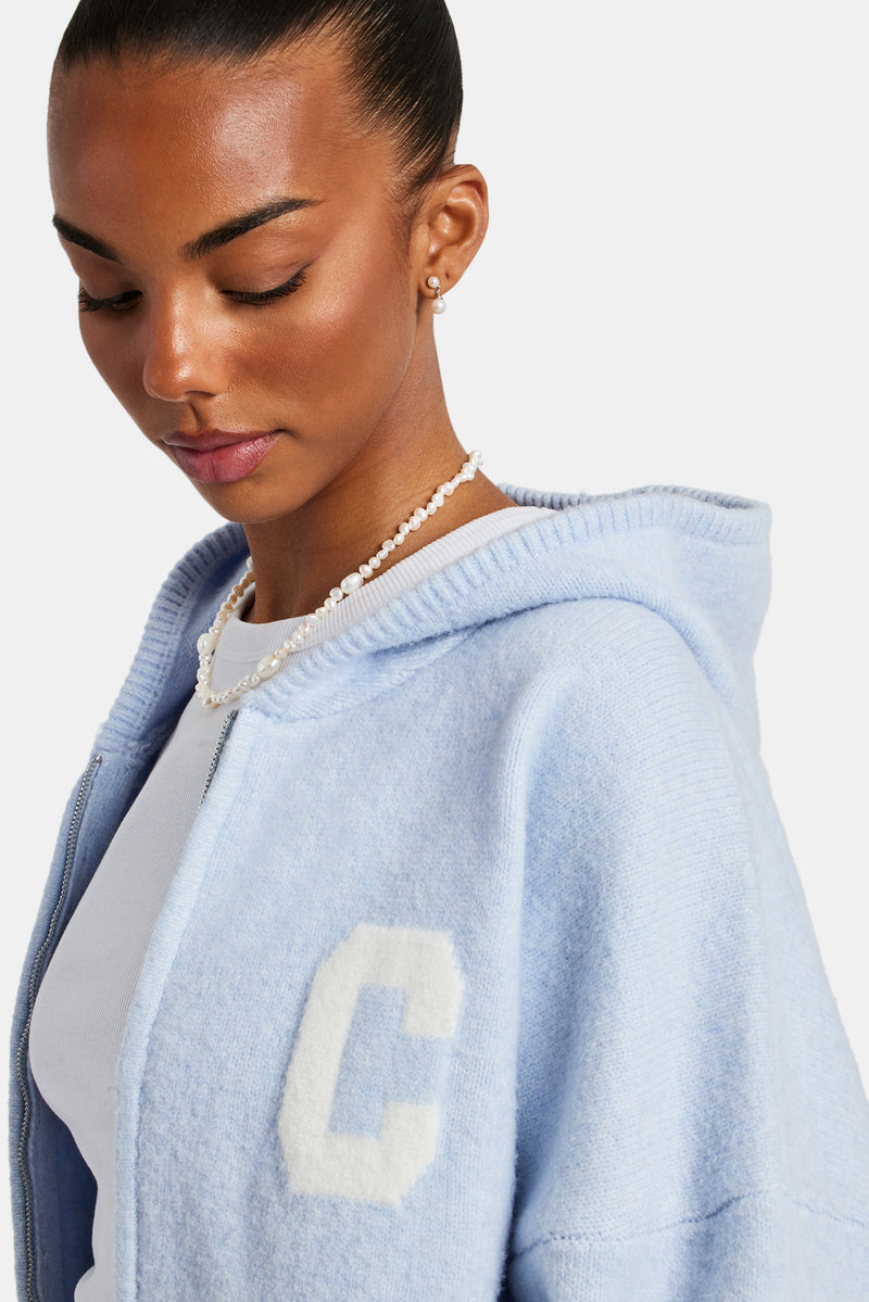 Hooded Zip Through Knitted Tracksuit - Light Blue