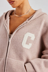 Hooded Zip Through Knitted Hoodie - Pink