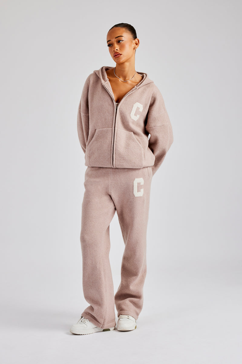 Hooded Zip Through Knitted Tracksuit - Pink