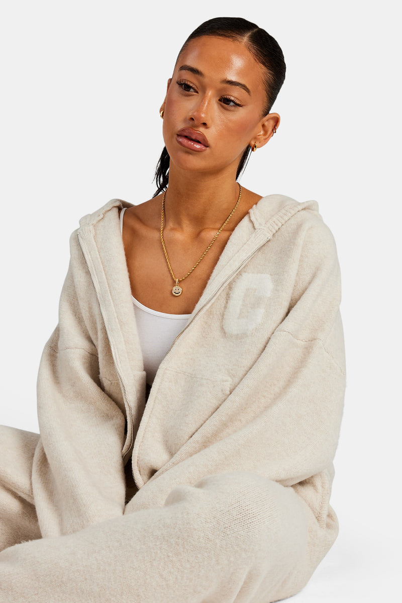 Hooded Zip Through Knitted Jumper - Oatmeal