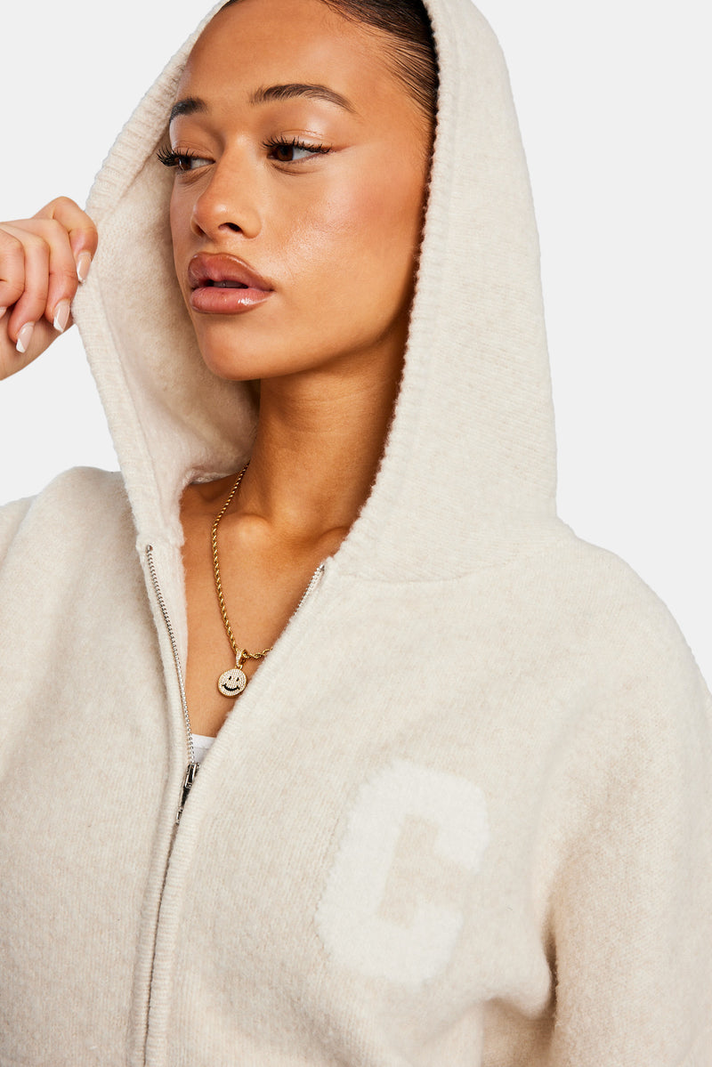 Hooded Zip Through Knitted Jumper - Oatmeal