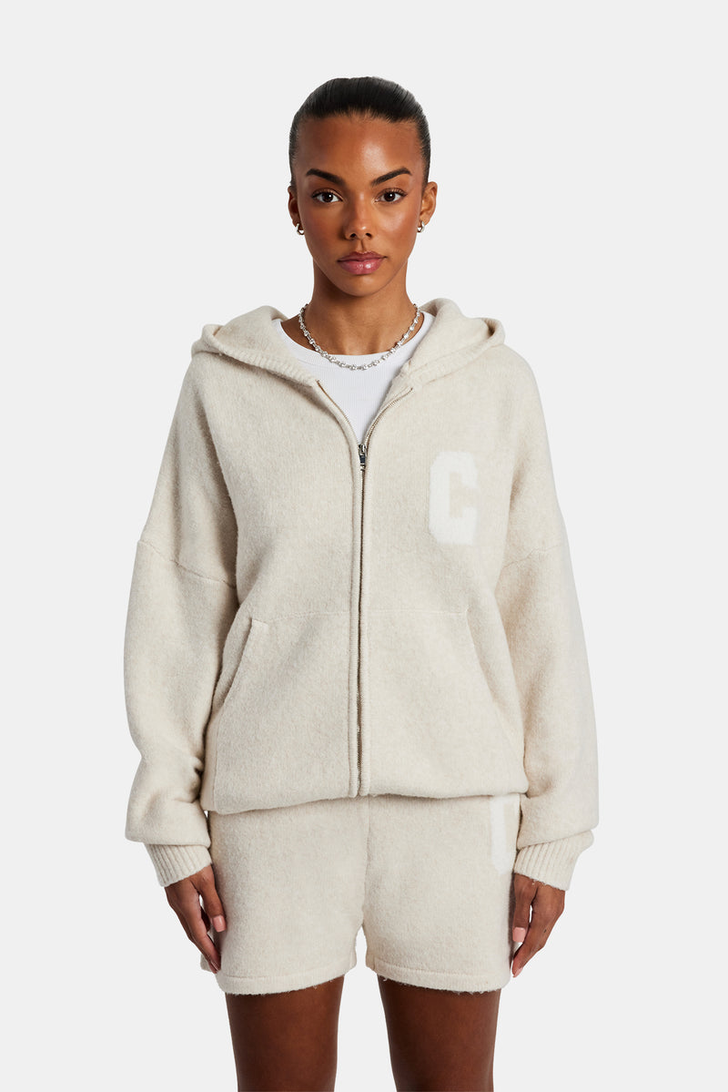 Hooded Zip Through Knitted Jumper - Oatmeal