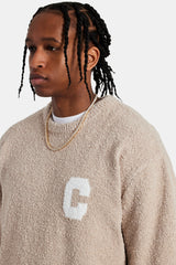 Male model wearing textured knitted sweatshirt in beige