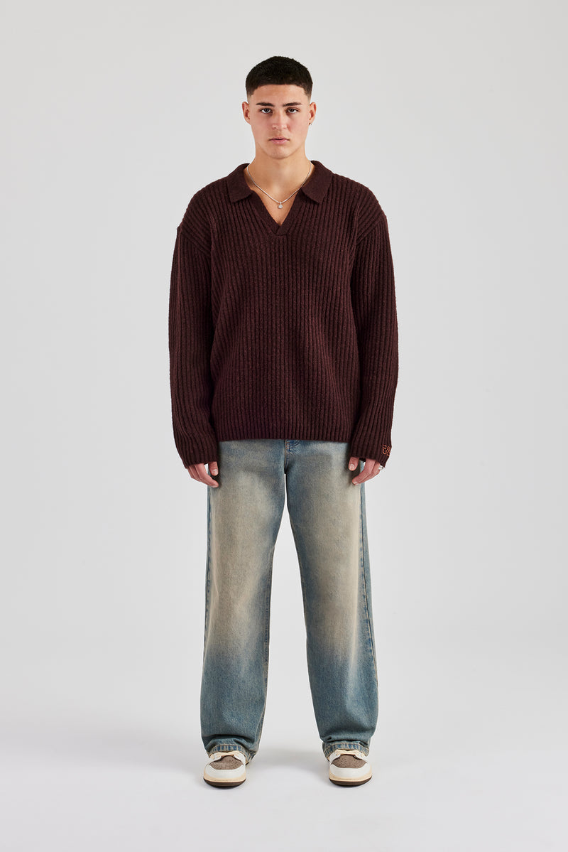 Rib Knit V Neck - Chocolate