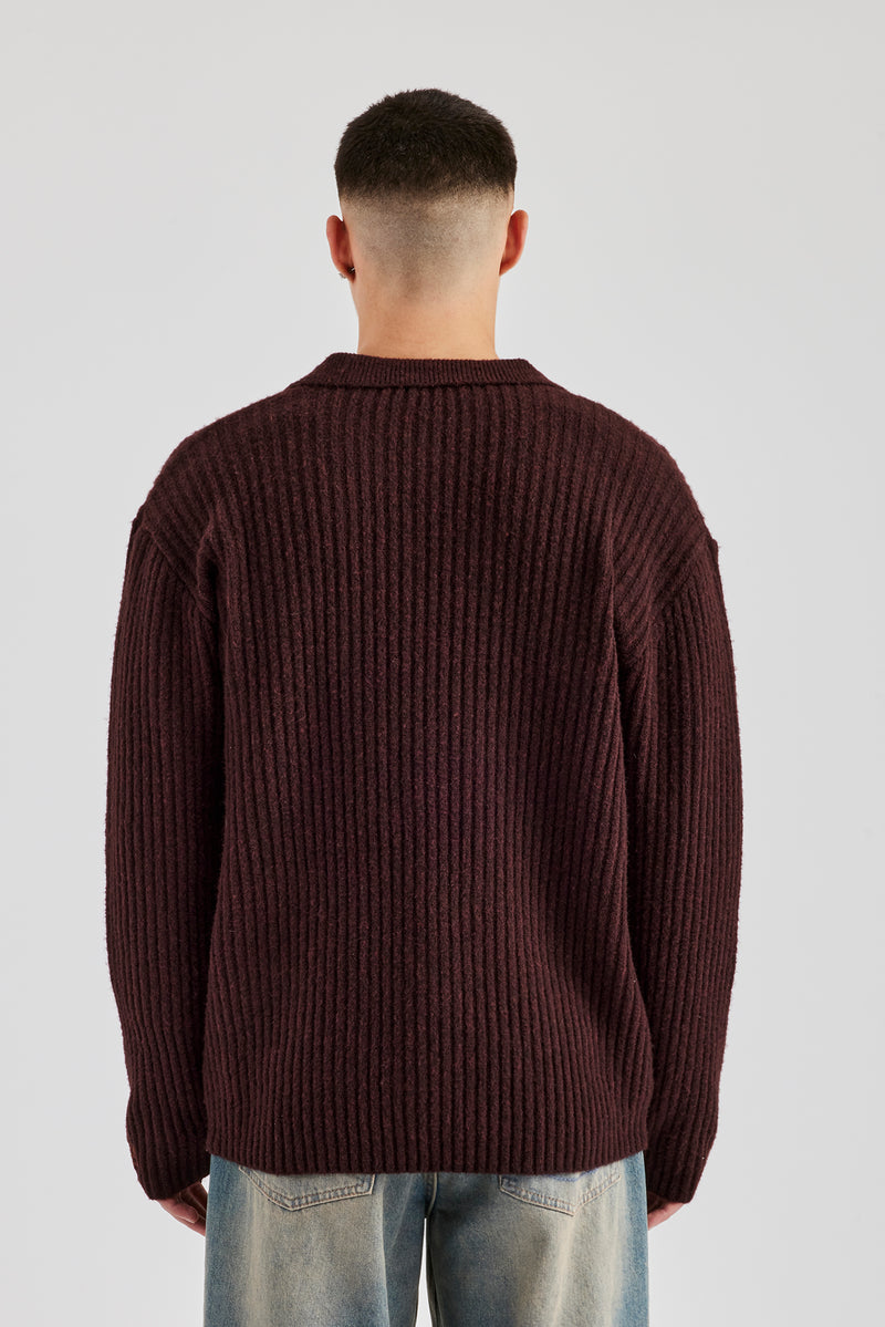 Rib Knit V Neck - Chocolate